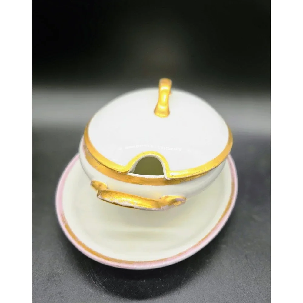 Antique UC Limoges Lidded Sauce Gravy Boat W Attached Underplate 9